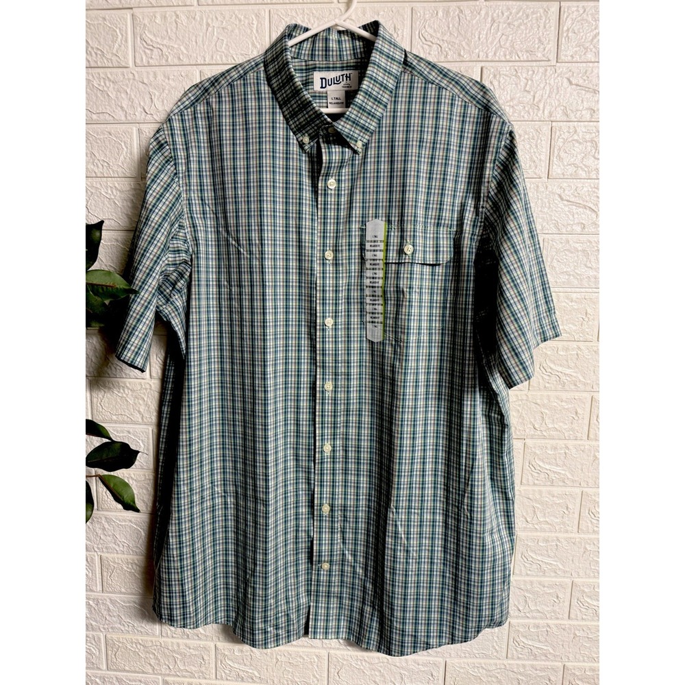 Duluth Trading Coolmax Plaid Short Sleeve Shirt Mens Large Tall Green Blue
